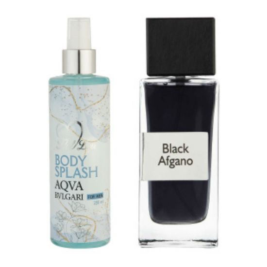 پک هدیه 2 عددی هات لاو شامل بادی اسپلش مدل Aqva Bvlgari و ادوپرفیوم مدل Black Afgano