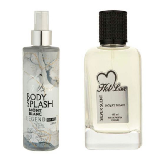 پک هدیه روز مرد 2 عددی هات لاو شامل بادی اسپلش مدل Mont Blanc Legend و ادوپرفیوم مدل Silver Scent Bogart