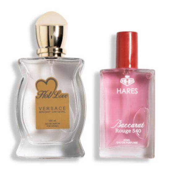 پک 2 عددی ادو پرفیوم حارث مدل Baccarat Rouge حجم 50 میلی لیتر و ادو پرفیوم هات لاو مدل Versace Bright Crystal حجم 100 میلی لیتر